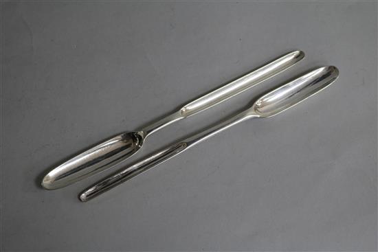 A George III Irish silver marrow scoop, John Kelly, Dublin, 1783 and a George II silver marrow scoop, London, 1737.